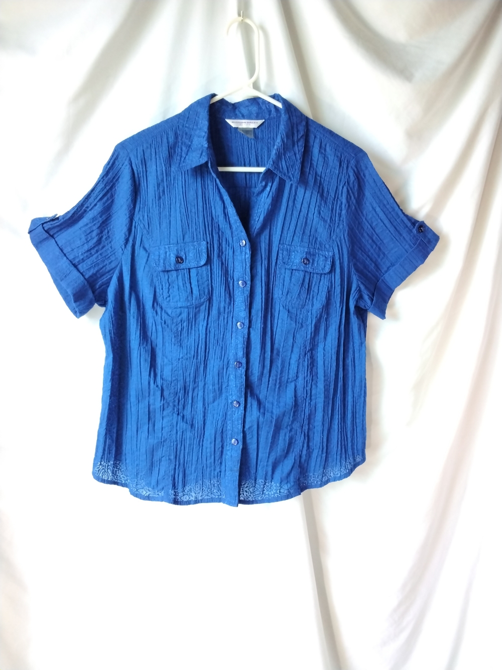 Allison Daley Crinkle Button-Down Short Sleeve Shirt - Royal Blue